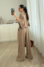 Polo Yaka Kısa Kollu Bol Pantolon Takım Toprak - Görsel 3