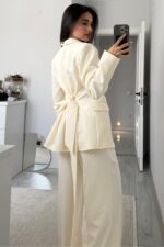 Dora Beli Bağlamalı Ceket Pantolon Takım Krem - Görsel 5