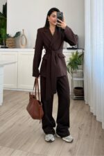 Dora Beli Bağlamalı Ceket Pantolon Takım Kahverengi