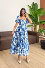 Kare Yaka Mavi Çiçek Desenli Elbise