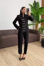 Şık Bağlantı Detaylı Ceket Pantolon Takım Siyah