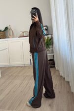 Janet Çizgili Hırka Eşofman Takım Kahverengi - Görsel 5