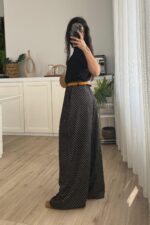 Pileli Bol Kesim Puantiyeli Pantolon Siyah - Görsel 3