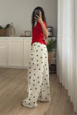 Büyük Puantiyeli Keten Pantolon Ekru Siyah - Görsel 3