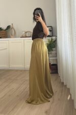 Geniş Paça Saten Pantolon Yağ Yeşil - Görsel 3