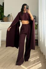 Kolları Pelerinli Crop Pantolon Takım Bordo