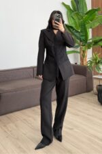 Çapraz Düğmeli Dantel Detaylı Takım Siyah