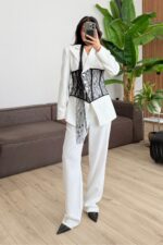 Çapraz Düğmeli Dantel Detaylı Takım Siyah Beyaz