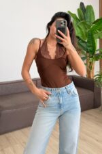 İçi Dantel Bodysuit Kahverengi