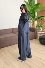 Yakası Çapraz Denim Tensel Takım Lacivert - Görsel 4