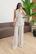 Arma Düğmeli Yelek Pantolon Takım Bej