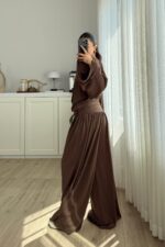 St Yarasa Kollu Beli Drapeli Pantolon Takım Kahverengi - Görsel 4