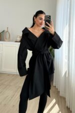 Kruvaze Yaka Geniş Omuz Gömlek Siyah