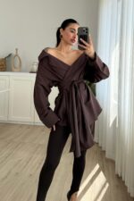 Kruvaze Yaka Geniş Omuz Gömlek Kahverengi