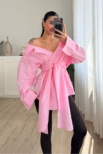 Kruvaze Yaka Geniş Omuz Gömlek Pembe