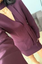 Nesh Yakasız Ceket Mini Etek Takım Mürdüm - Görsel 3