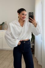 Kruvaze Vatkalı Tül Bluz Beyaz