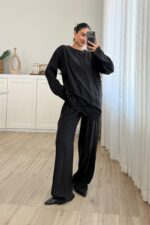 Asimetrik Dantel Detaylı Pantolon Takım Siyah