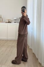 Asimetrik Dantel Detaylı Pantolon Takım Kahverengi - Görsel 3