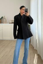 Nervurlu Yakasız Ceket Siyah