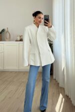 Nervurlu Yakasız Ceket Beyaz