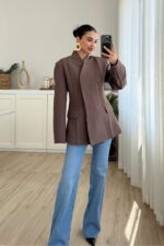 Nervurlu Yakasız Ceket Kahverengi