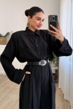 Çıtçıtlı Gömlek Kemerli Şalvar Pantolon Takım Siyah - Görsel 2