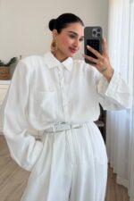 Çıtçıtlı Gömlek Kemerli Şalvar Pantolon Takım Beyaz - Görsel 2