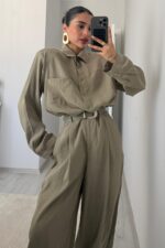 Çıtçıtlı Gömlek Kemerli Şalvar Pantolon Takım Haki - Görsel 2