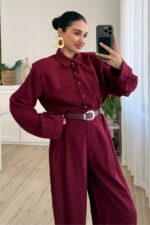 Çıtçıtlı Gömlek Kemerli Şalvar Pantolon Takım Bordo - Görsel 2