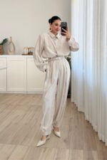 Çıtçıtlı Gömlek Kemerli Şalvar Pantolon Takım Taş