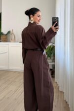 Çıtçıtlı Gömlek Kemerli Şalvar Pantolon Takım Kahverengi - Görsel 4