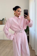 Çıtçıtlı Gömlek Kemerli Şalvar Pantolon Takım Pembe - Görsel 2