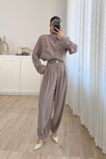 Çıtçıtlı Gömlek Kemerli Şalvar Pantolon Takım Vizon