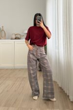 Beli İpli Geniş Paça Ekose Kahve Jean