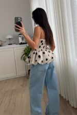 Benekli Straplez Balon Bluz Krem - Görsel 4