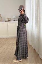 Pile Detaylı Ekose Elbise Antrasit - Görsel 3