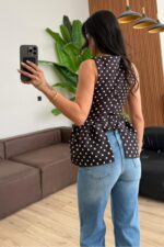 Kare Yaka Puantiyeli Bluz Kahverengi - Görsel 3