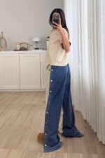 Denim Detaylı Hakim Yaka Takım Bej - Görsel 4