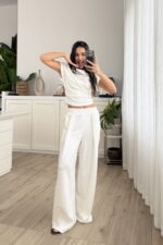 Pile Detaylı Modal Kumaş Takım Beyaz