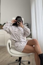 Paraşüt Kumaş Puantiyeli Etek Takım Ekru