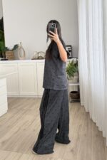 Şeritli Puantiyeli Kısa Kol Eşofman Takım Antrasit - Görsel 4