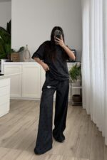 Şeritli Puantiyeli Kısa Kol Eşofman Takım Antrasit - Görsel 2