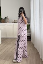 Şeritli Puantiyeli Kısa Kol Eşofman Takım Pembe - Görsel 4