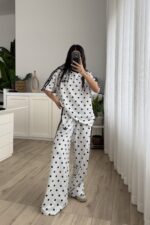 Şeritli Puantiyeli Kısa Kol Eşofman Takım Beyaz - Görsel 2