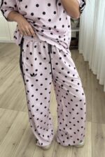 Şeritli Puantiyeli Kısa Kol Eşofman Takım Pembe - Görsel 3