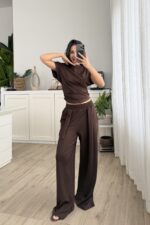 Pile Detaylı Modal Kumaş Takım Kahverengi