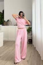 Pile Detaylı Modal Kumaş Takım Pembe