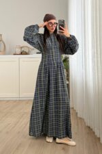 Pile Detaylı Ekose Elbise Haki