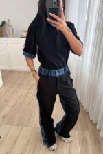 Denim Detaylı Hakim Yaka Takım Siyah - Görsel 2